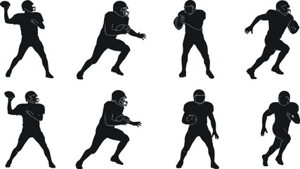 Collection of American football player silhouettes in diverse action poses showcasing dynamic athletic movements, ball handling, tackling, catching, and sports training concepts © uzzala