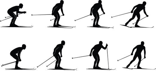 Fototapeta premium Creative collection of eight skiing silhouettes in dynamic motion, symbolizing winter sports technique, balance, endurance, and modern abstract design concepts