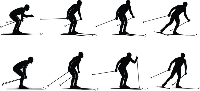 Creative collection of eight skiing silhouettes in dynamic motion, symbolizing winter sports technique, balance, endurance, and modern abstract design concepts