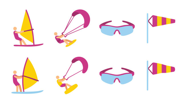 Windsurfing and Kitesurfing Enthusiasts with Gear and Wind Indicators.
