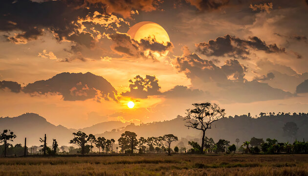 Pixelated sunset over rolling hills and fields, warm orange and yellow sky with dramatic clouds, hazy atmosphere, digital art.