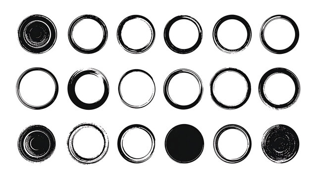 Set of grunge circular frames, distressed textured borders, rough brush strokes, isolated elements for design