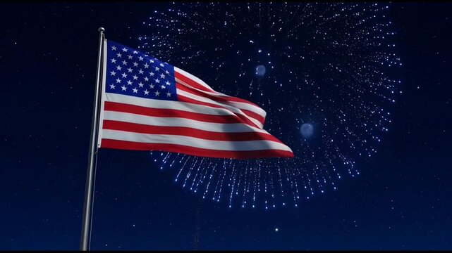 American Flag Waving in Starry Night Sky with Fireworks Celebration, Symbol of Freedom