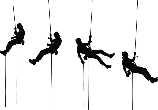 Silhouette illustration of four individuals rappelling down ropes in different positions symbolizing climbing technique, adventure sport, and controlled descent