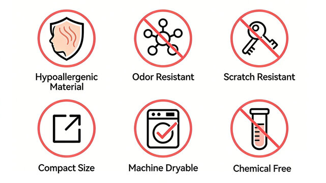 The red circle indicates low sensitivity, scratch resistant, no chemical material, safe, skin friendly, easy to store and machine dry, suitable for mother and baby products and home textiles.
