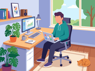 Fototapeta premium Young man working on a laptop in a modern home office with a sleeping cat nearby