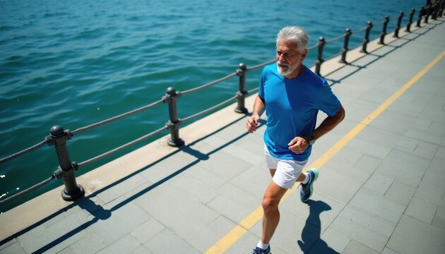 Active senior man runs by sea on sunny day. Elderly person with grey beard jogs along waterfront promenade. Fit old male runner has healthy lifestyle, trains endurance outdoors.