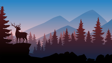 Fototapeta premium Wildlife landscape illustration with deer in the forest