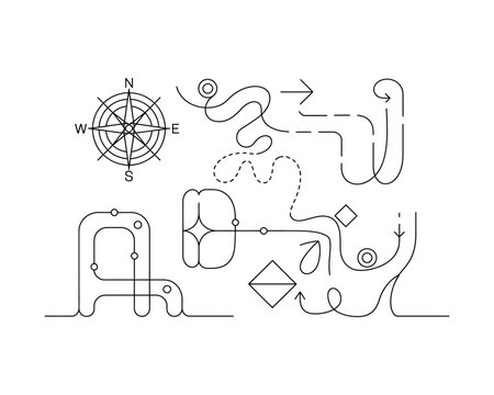 Illustration of a complex navigation system with arrows and compass  various paths