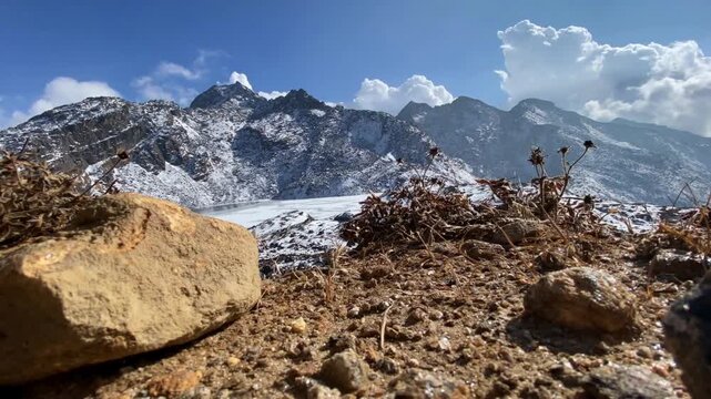 Stunning view of snowcapped mountains and frozen lake in the himalayas