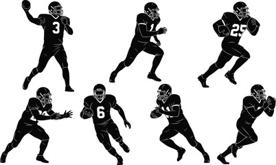 Silhouettes of American football players in multiple action poses wearing numbered uniforms showcasing dynamic movements, ball handling, catching, and running concepts © uzzala