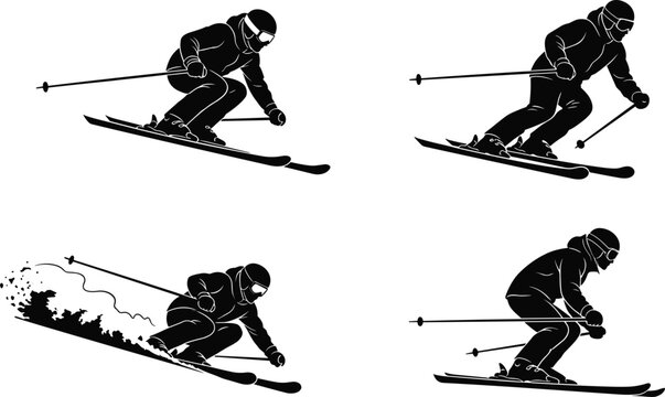 Silhouettes of downhill skiers in dynamic positions wearing helmets and gear showcasing carving turns, crouched stances, and winter sports concepts