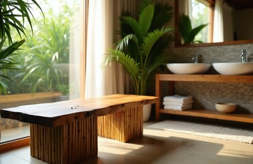 Fototapeta premium Minimalist tropical bathroom with natural wood bench, bamboo accents, potted plants, twin vessel sinks. Soft light filters through curtains, creating serene spa-like atmosphere ideal for relaxation,