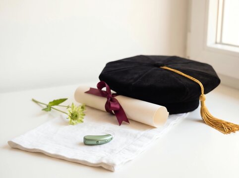 Doctoral Graduation Cap with Hearing Aid and Diploma on Clean White Surface in Warm Light