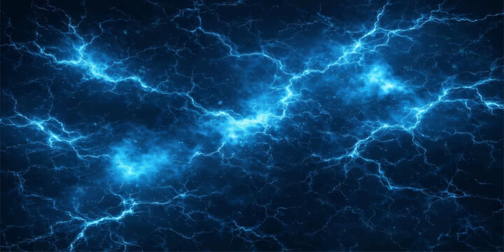 Electric blue lightning crackles across a dark, stormy sky, illuminating the night with streaks of vibrant energy.
