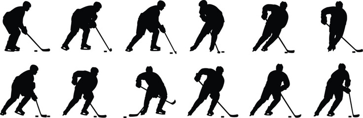 Twelve black silhouettes of hockey players arranged in two rows performing skating shooting and puck handling poses showing athletic motion technique © uzzala