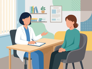 Fototapeta premium Female doctor consulting with a patient in a modern medical office setting flat vector illustration style