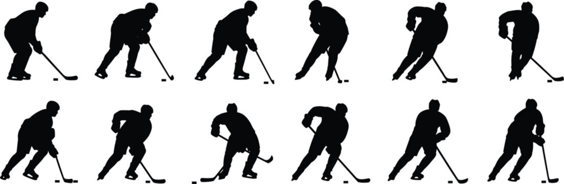 Twelve black silhouettes of hockey players arranged in two rows performing skating shooting and puck handling poses showing athletic motion technique