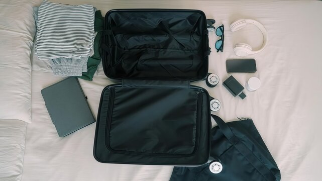Black travel bags and accessories arranged flat lay on light background