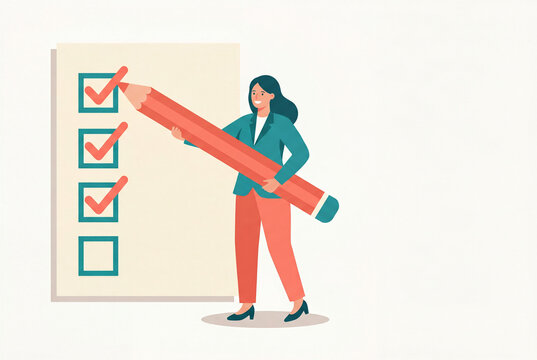 Flat vector illustration of a businesswoman ticking off a giant to-do checklist, productivity task management and getting things done concept with copy space