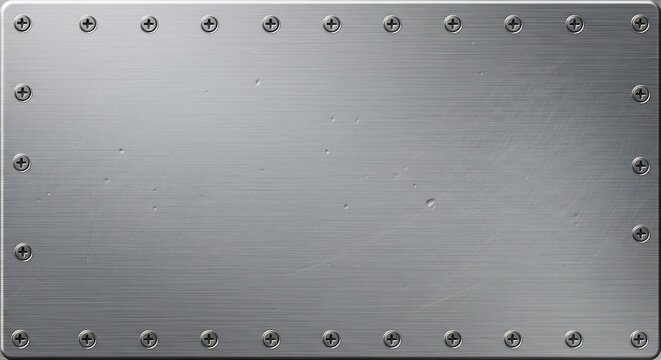 Brushed Metal Plate Secured with Screws on Light Gray Background
