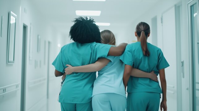 Diverse female healthcare professionals walking together with arms around each other in a hospital corridor, demonstrating teamwork, support, and empathy in the medical field