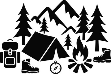 Obraz premium Wilderness camping scene with tent mountains trees and campfire wilderness mountains campfire