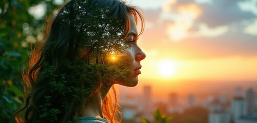 Obraz na płótnie Canvas Woman profile overlaid with forest trees and sunset light. Double exposure shows nature within person. Think about future, dreams, hope, peace, city skyline background.