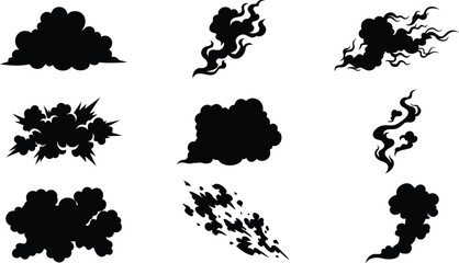  Smoke and explosion black silhouettes vector icons set with cartoon puff cloud dust trial and steam effects isolated on white background © SREE NOMITA RANI 1