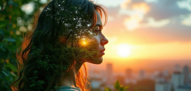 Woman profile overlaid with forest trees and sunset light. Double exposure shows nature within person. Think about future, dreams, hope, peace, city skyline background.