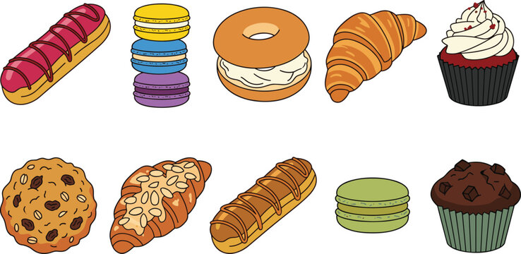 Bakery and Pastry Vector Icon Set with Croissant, Macarons, Cupcakes, Eclair, and Cookie Illustrations for Cafe Menu Designs