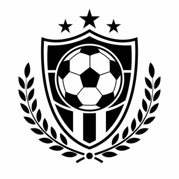 Soccer championship shield emblem with football ball and laurel wreath