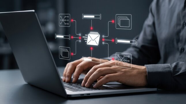Businessman using laptop for automated email communication and secure digital data transmission systems, cybersecurity, cloud modern technology business concept