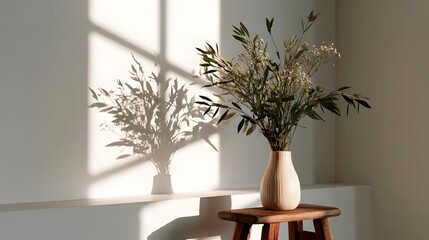 Fototapeta premium Dried botanical sprigs in a vase cast soft shadow patterns on a wooden surface