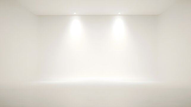 A minimalist interior space featuring a bright clean white backdrop illuminated by sophisticated balanced lighting