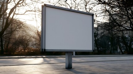 Obraz premium A blank billboard frame is set against a backdrop of bare trees and soft natural shadows