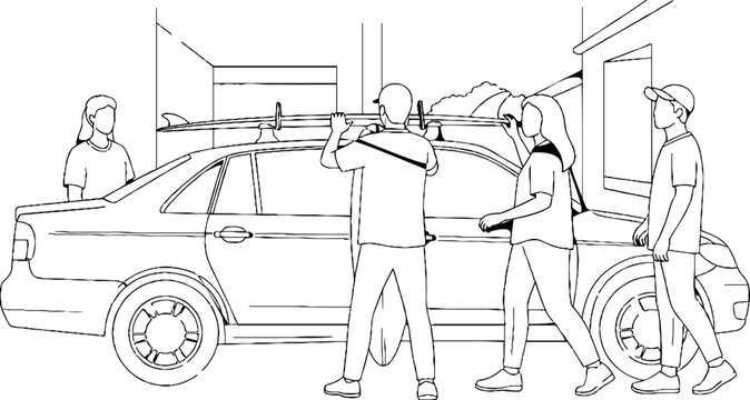 Group of People Loading Roof Rack on Car Together.