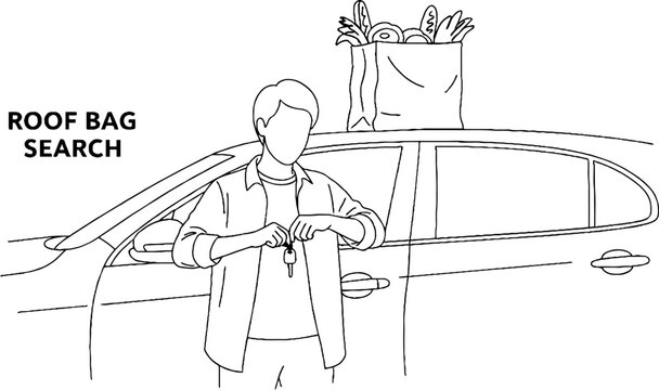 Person loading groceries into car roof bag outdoors.