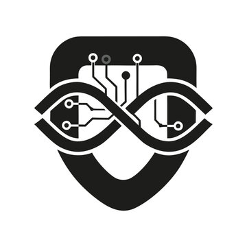 Abstract cyber security shield with infinity tech circuit logo