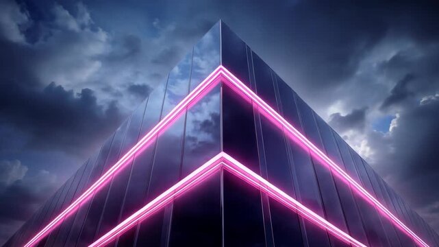 Modern building neon light glass facade futuristic architecture angular corner cityscape at night with cloudy sky, reflective surface, purple glow, geometric shape, abstract design, dark sky