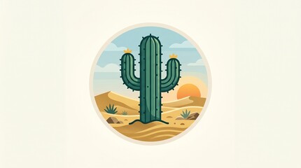 Plakat Vintage saguaro cactus badge illustration, desert sunset landscape in circular frame, retro southwest wilderness emblem with sand dunes and sun