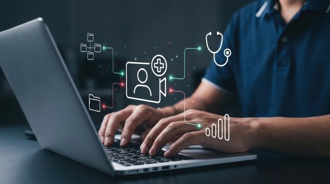 Man using laptop for remote medical consultation and digital patient data management, telehealth platform, telemedicine, virtual modern technology business concept