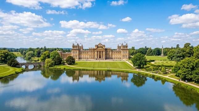 Stunning aerial view of Kedleston Hall, a grand 18th-century English country house with reflection in the foreground lake under a vibrant blue sky with fluffy white clouds on a sunny summer day
