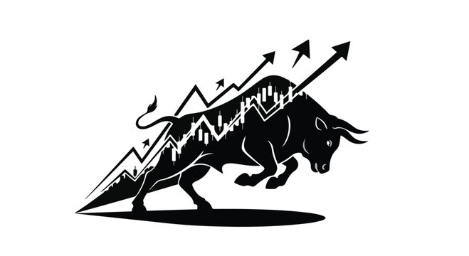 black bull with graph and arrows on body, stock market growth concept