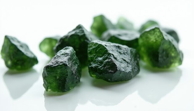 Raw moldavite stones scattered on white surface. These green tektites are rough naturally shaped natural objects with textured surfaces and translucent bodies.