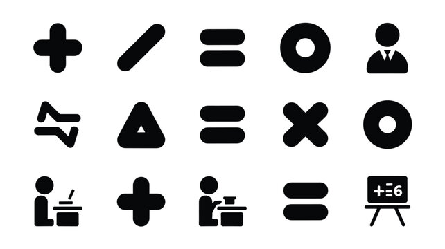 Set of 15 Black Basic Math and Education Vector Icons