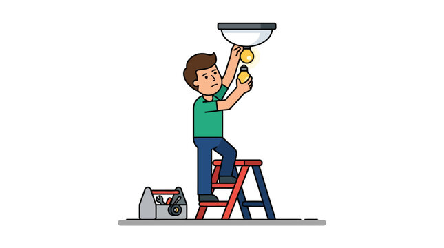 Man changing light bulb on ceiling lamp, standing on ladder with toolbox