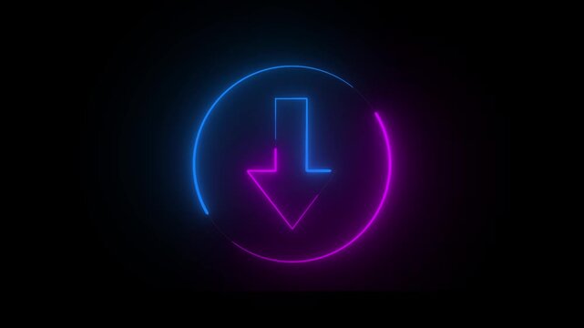 Glowing neon download arrow icon loop. Futuristic blue and purple circular loading motion graphic.4 k animation.