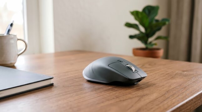 Modern Ergonomic Wireless Computer Mouse on Wooden Office Desk Workspace