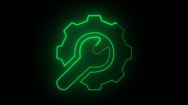 Glowing neon gear and wrench settings icon. Green mechanical repair. height regulation video.